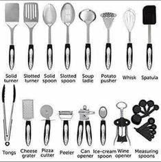 kitchen utensils and spoons are shown in black and white, with the names below them