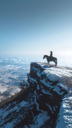 a lone horse standing on top of a snow covered hill next to a cliff in the middle of winter