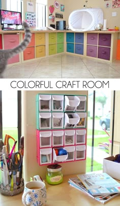 this is a colorful craft room with lots of storage