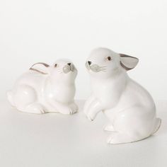 two white ceramic rabbits sitting next to each other