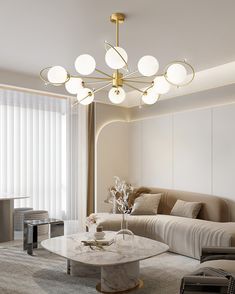 a living room with a couch, coffee table and lamps on the ceiling above it