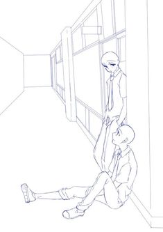 a drawing of two people sitting on the floor in an empty room, one is holding his leg up