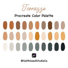 the procreate color palette is shown in shades of brown, beige and grey