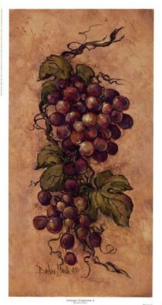 a painting of grapes with green leaves