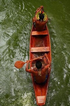 two people in a canoe paddling on the water