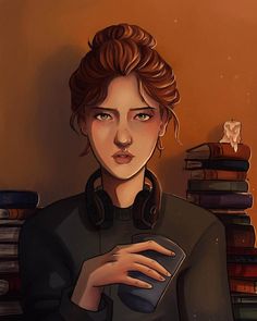 a painting of a woman with headphones holding a remote control in front of a stack of books