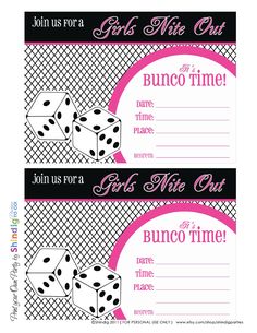 two pink and black ticket cards with dices on them, one is for girls to play