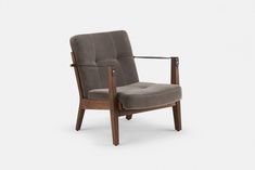 a chair with a wooden frame and grey upholstered fabric