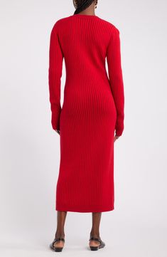 A rich blend of wool and recycled cashmere highlights the supreme softness of this ribbed midi sweater-dress designed by Harlem's Fashion Row. Front button closure V-neck Long sleeves Unlined 70% wool, 30% recycled cashmere Dry clean Imported Black Owned/Founded Long Red Sweater Dress, Red Ribbed Sweater Dress For Winter, Red Knee-length Sweater Dress For Spring, Luxury Fall Midi-length Sweater Dress, Maternity Red Sweater Dress, Red Sweater Dress, Red Knit Sweater, Sweater Dress Midi, Ankle Length