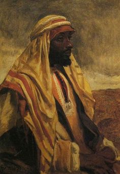 an oil painting of a man with a scarf on his head sitting in a field