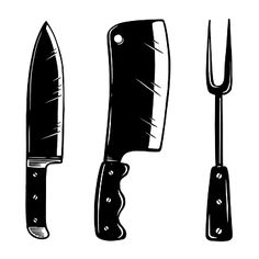 three different types of knifes and knives in black and white colors on a white background