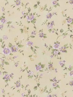 a floral wallpaper with purple flowers and green leaves on the bottom half of it