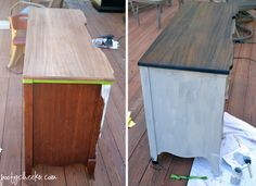 an old desk is being refinished with new paint and wood flooring in the background