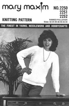 an advertisement for mary maxm knitting pattern, featuring a woman in white sweater and black pants