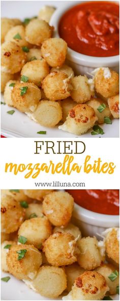 fried mozzarella bites on a plate with tomato sauce