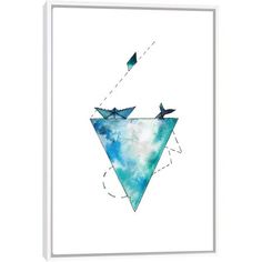 a blue triangle with two birds flying in the sky on it's back side