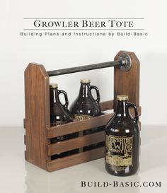 the growl beer tote is made out of wood and has two bottles in it