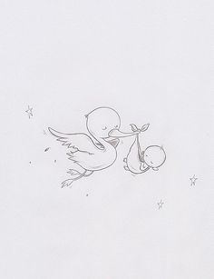 a drawing of a duck holding a baby in it's beak with stars on the background