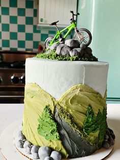 a cake decorated with green frosting, rocks and a bicycle sitting on top of it