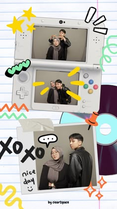 two people standing next to each other in front of a video game screen with the words xoxo on it