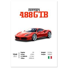 a red sports car with the words ferrari 488 gtb on it