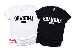 two t - shirts with the words grandma and grandpa printed on them, both black and white