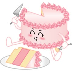 a pink cake on a plate with a knife and fork in it's hand