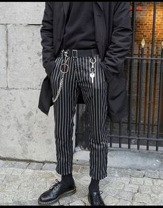 Goth Outfits Men, Summer Goth Outfits, Formal Aesthetic, Black And White Striped Pants, Jacket Belt, Dream Reality, Striped Trousers, Aesthetic Outfits Men, Summer Outfits Women Over 40