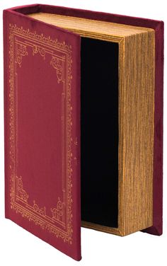 an open book with a red cover and gold trim