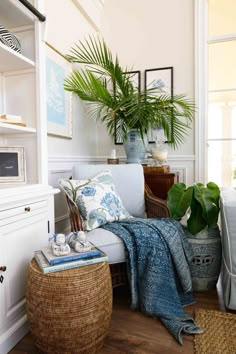 a living room filled with furniture and plants