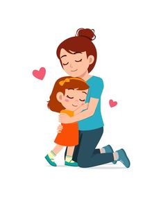 a woman hugging a child with hearts around her