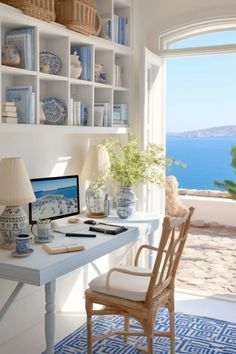 Dreamy Office Space On The Beach Greek Coastal Aesthetic, Greek Office Design, Greek Inspired Home Interior Design, Mediterranean Office, Greek Bedroom, Modern Teen Boy Bedroom, Coastal Office, Greek Decor