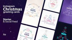 four christmas greeting cards are displayed on a purple background