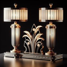 two lamps sitting on top of a table next to each other with gold trimmings