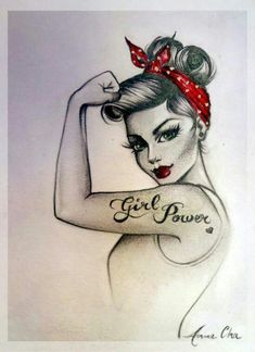 I always loved the idea of a pin up girl tattoo- mine would not say girl power on it however Girl Power Tattoo, Arte Pin Up, Pin Up Drawings, Charcoal Drawings, Tattoo Girls, Pin Up Tattoos, Drawing Faces, 1 Tattoo