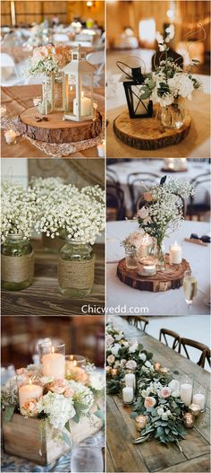 wedding centerpieces with candles and flowers on the table in different stages of being displayed