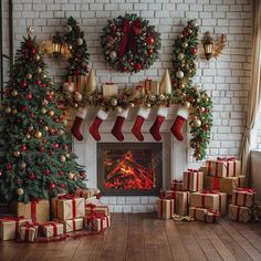 a fireplace decorated with christmas stockings and presents