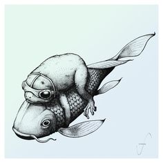 a drawing of a fish with a helmet on it's head, swimming in the water