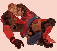 a drawing of two people kissing in front of a pink background with the caption spider - man and deadpool