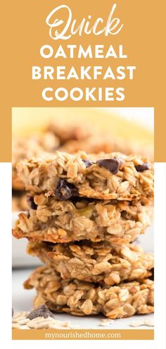 oatmeal breakfast cookies stacked on top of each other with text overlay