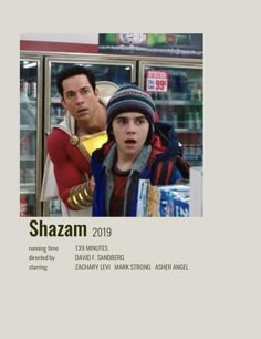 the poster for shazam shows two people standing in front of a store window