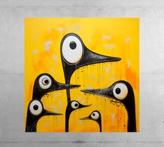 an abstract painting of three black and white birds with large eyes on a yellow background