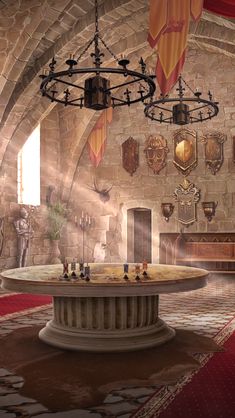 a large room with a chandelier hanging from it's ceiling and several chess pieces on the table