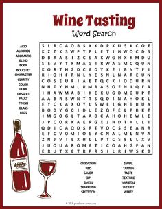 the wine tasting word search is shown in red and white with a bottle of wine next to it