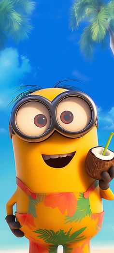 a cartoon minion holding a coconut drink on the beach with palm trees in the background