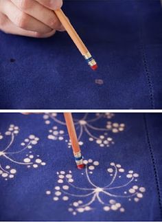 two pictures showing how to use pencils on fabric with the words, 45 diy jeans bleach art