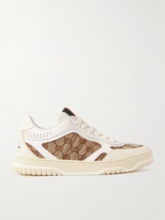 Those in the know will easily identify these sneakers as Gucci by all the signature details, including the canvas-jacquard panels and red and green webbing. They're designed with contrasting white leather and have perforated, cushioned collars and the logo at the heel. Sneakers Gucci, Gucci Shoes Sneakers, Brown Canvas, Gucci Shoes, Net A Porter, White Leather, Women Collection, Luxury Design, Porter