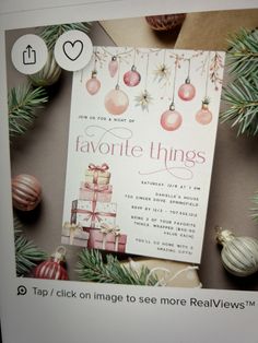 an image of a christmas card with presents on it and pine branches in the background