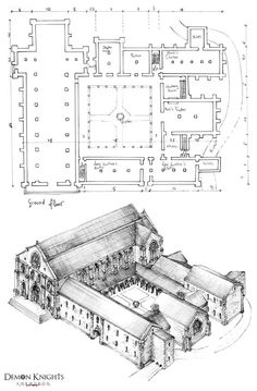 an architectural drawing shows the plan and elevations for a building with two stories, one story