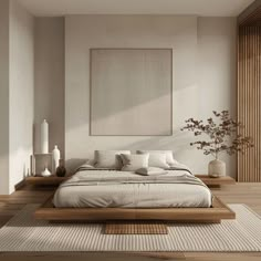 An inviting Japandi bedroom that showcases the successful fusion of Japanese and Scandinavian design principles, featuring a clean-lined platform bed, warm wood tones Japandi Rug Bedroom, Minimalist Bedroom Design Ideas, Bed Japandi, Japanese Interior Design Bedroom, Bedroom Design Japandi, Japandi Small Bedroom, Bedroom Platform Bed, Japandi Interiors Bedroom, Japandi Bed